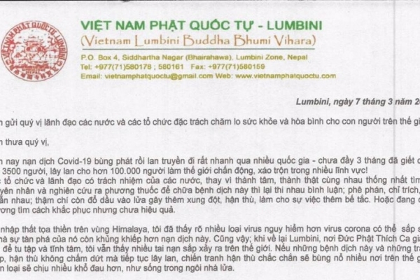 Thư của Thầy Huyền Diệu gửi đến các vị lãnh đạo các nước và các cơ quan liên hệ đặc trách về sức khỏe, hòa bình cho nhân loại